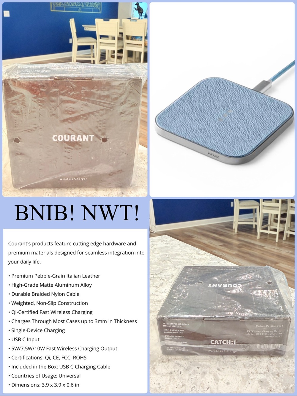 Courant Catch 1 Pebble-Grain Italian Leather Wireless Charger Pacific Blue BNIB